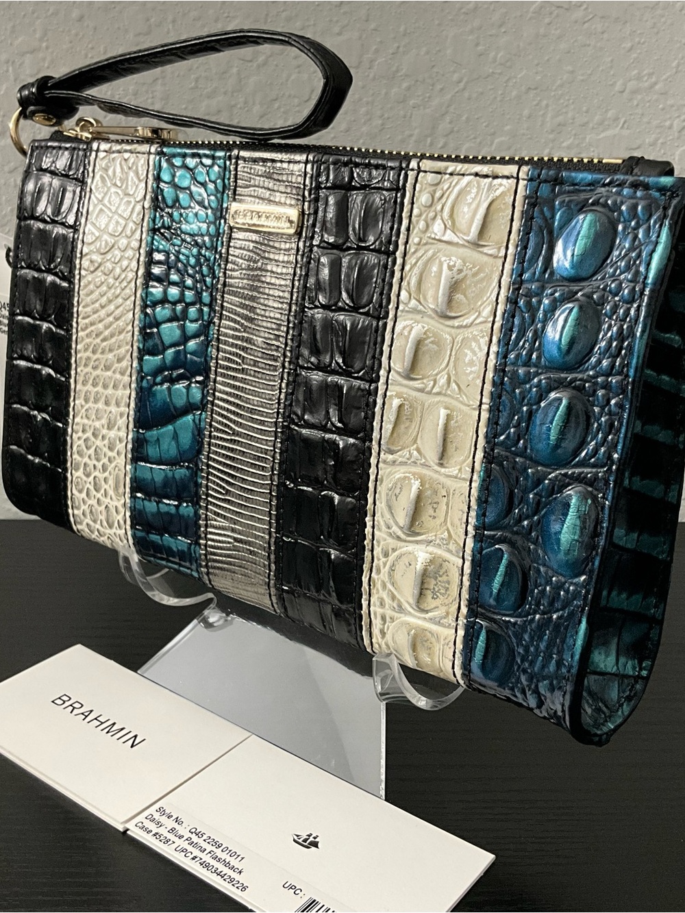 Brahmin Daisy BLUE PATINA FLASHBACK Mixed Leather Wristlet Cosmetic Clutch - Picture 4 of 7